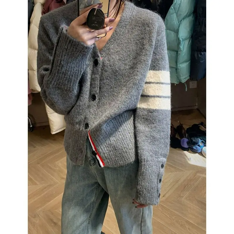 HOUZHOU Autumn Casual Vintage Knitted Cardigan V Neck Korean Fashion Patchwork Striped Button Up Black Sweater Jumper Aesthetic