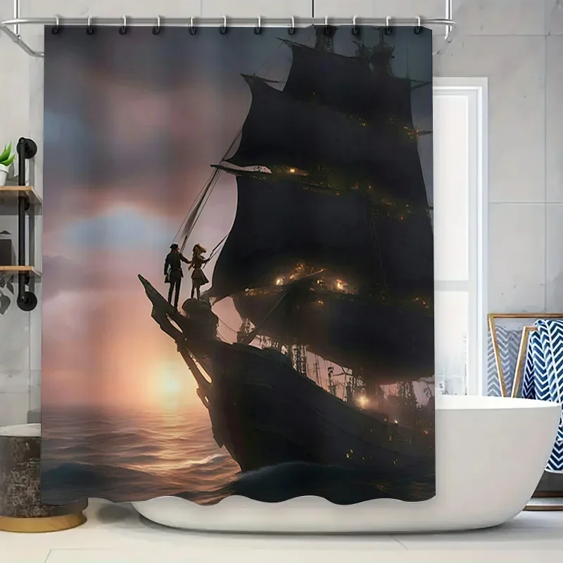

Винтажная занавеска для душа с принтом корабля, темный океан, закат, парусник, декор для ванной комнаты