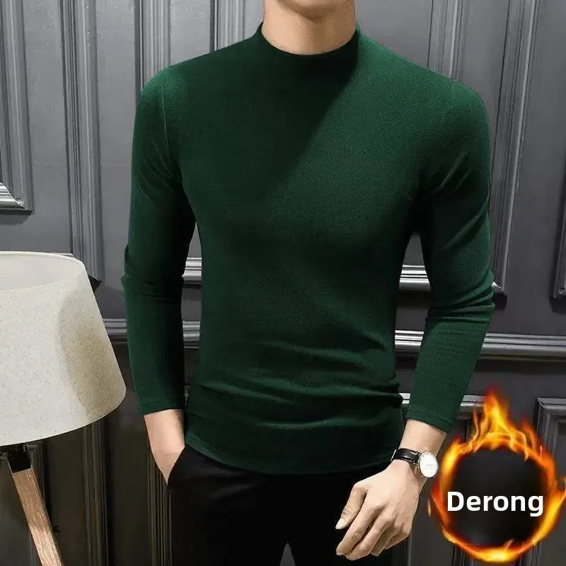 Thickened Inner Fleece-Lined Men's T-Shirt Long Sleeve Warm Base Layer Top Half Polo/Turtle Neck Solid Color T-Shirt Autumn