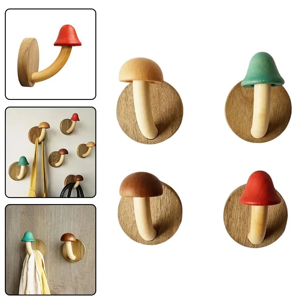 1pcs Creative Wooden Mushroom Hooks Without Punching Solid Wood Cloak Wall Hooks  Log Coat Rack Behind The Door Storage