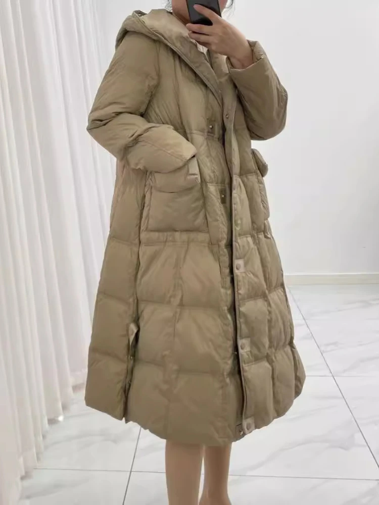 Female White Duck Down Hooded Jacket, Long Jacket, Casual Loose Outwear, Feather Snow Overcoat, New, Autumn, Winter