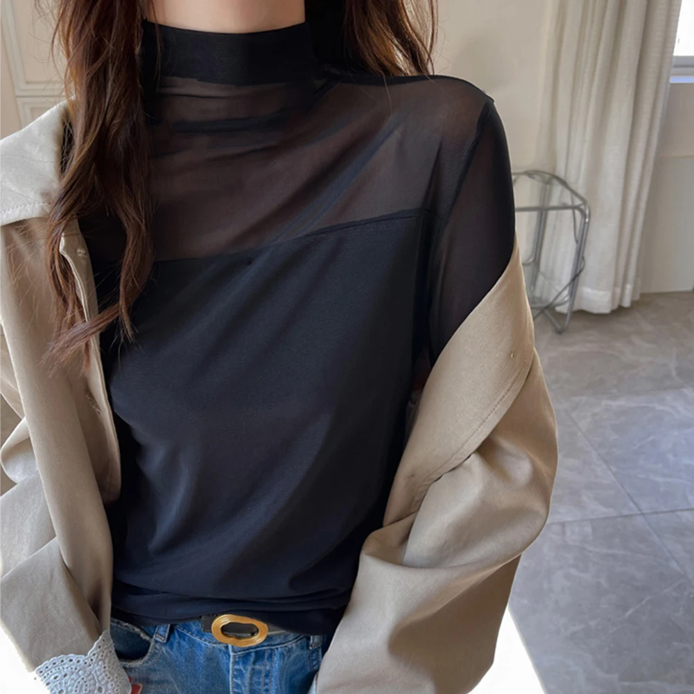 

Базовая рубашка с полуводолазкой, длинными рукавами и облегающим кроем для женщин с сетчатыми лоскутными деталями на осень и зиму