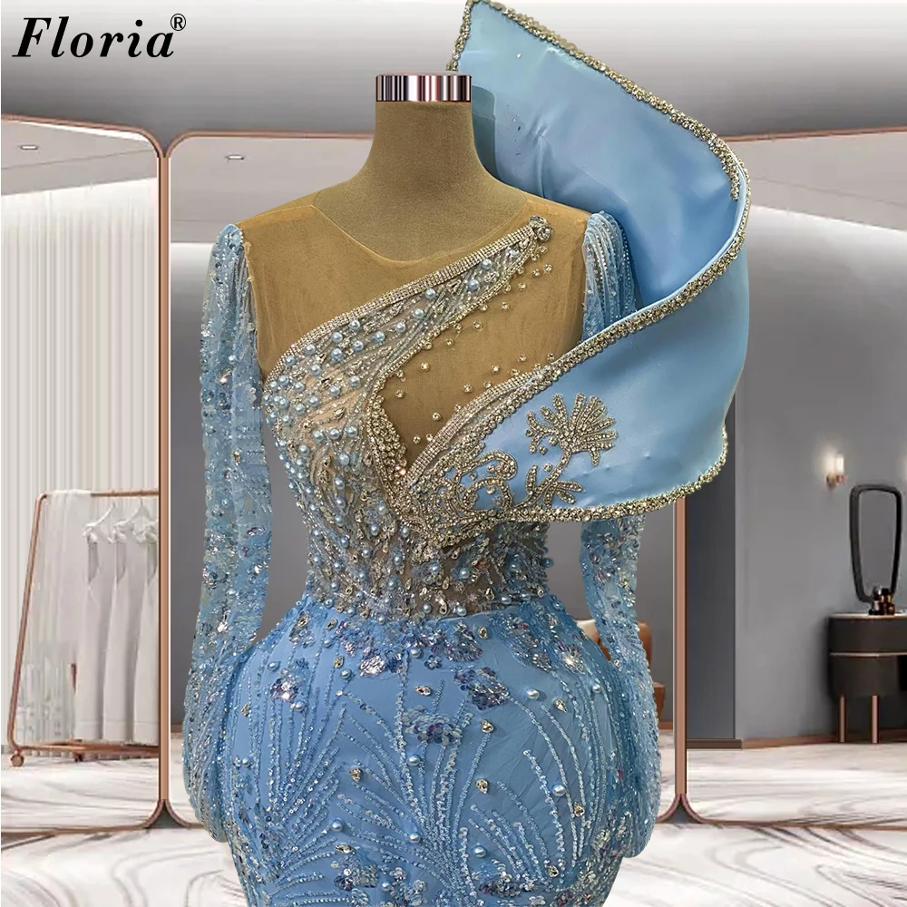 Sky Blue Sequined Evening Dresses Pearls Mermaid Formal Occasion Dresses Long Sleeves Celebrity Dress For Women Robes De Soirée