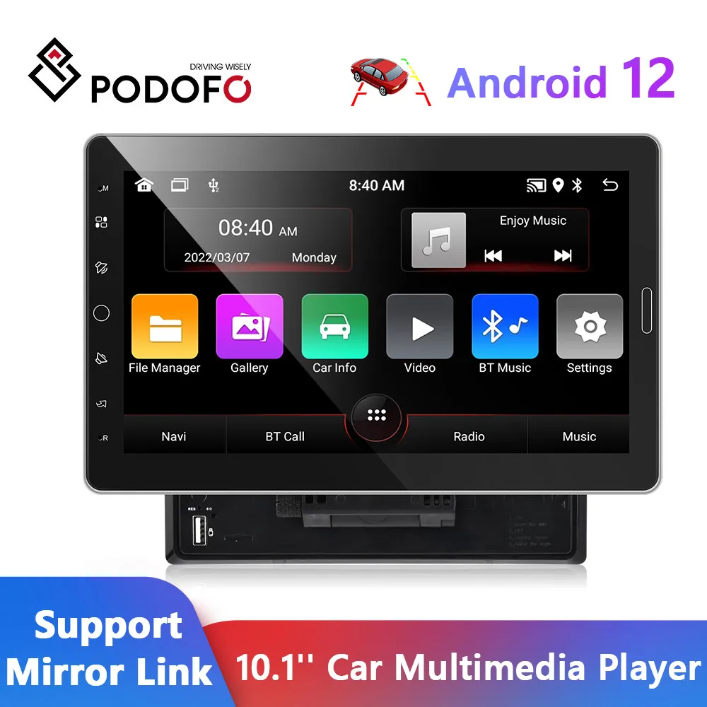 Podofo Android 12 1Din Car Radio 10.1 Inch Multimedia Video Player RDS Mirror Link GPS Navigation WIFI Bluetooth DVD Autoaudio