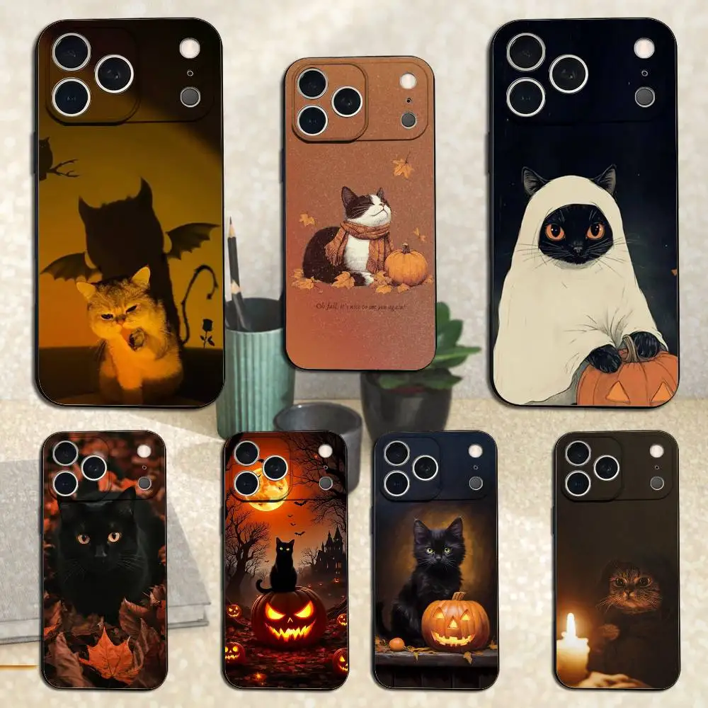 

Halloween Art Cats Phone Case For iPhone 17,16,15,14,13,12,11 Plus,Pro Max,XS,X,XR,SE,Mini,8,7,Soft Silicone Black Cover