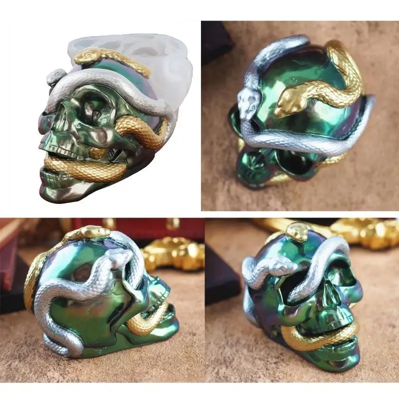 J78F Double Snake for Head Silicone Mirror Mold DIY Epoxy Resin Skull for Head Casting Tool Holder Ornaments Home