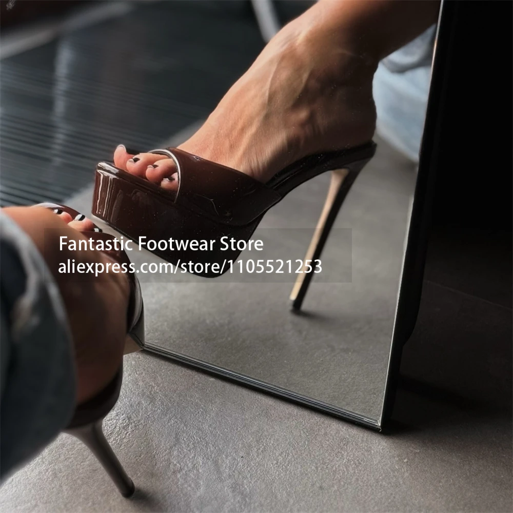 

Glossy Patent Leather Platform Mules Open Toe Super High Stiletto Sandals Sexy Style Women's Handmade Summer Shoes Cutsom Color