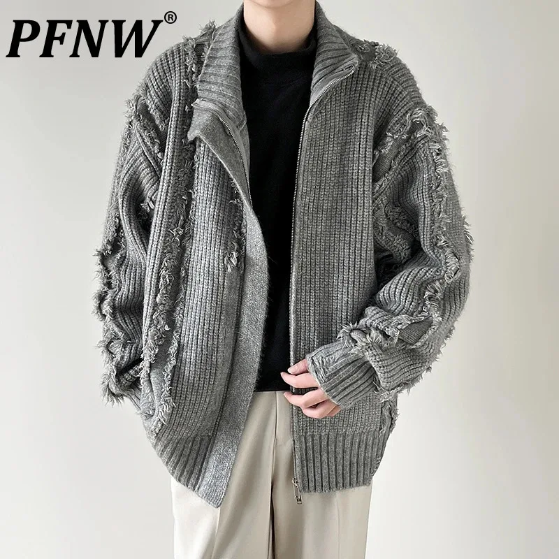 PFNW Lapel Knitted Cardigan Men's Sweater Korean Trendy Hole Breaked Design High Street Handsome Tops 2024 Autumn Winter 28W5213