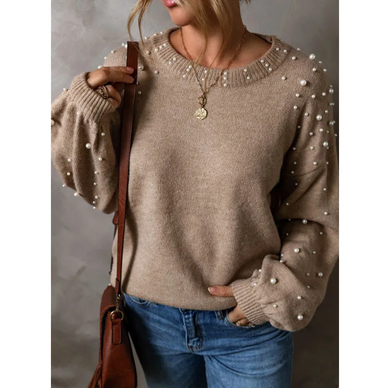 Autumn Winter Knitted O-Neck Pullovers for Women Long Sleeves Loose Sweater Plastic Beading Pearls Loose Simple Jumpers