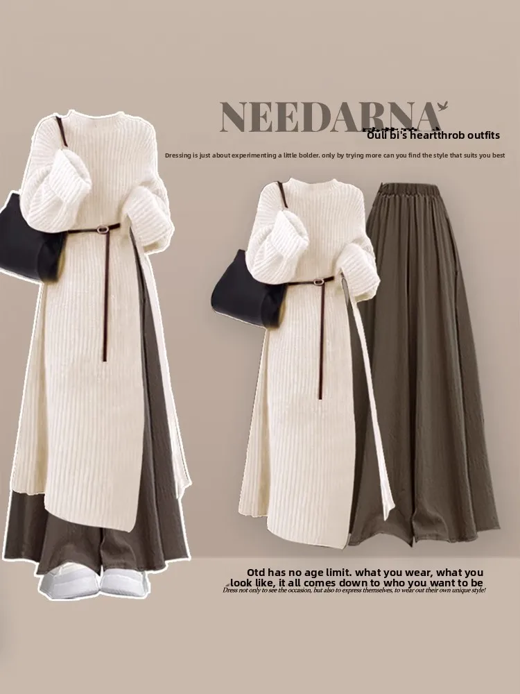 

Slimming Early Autumn Knitted Sweater Dr Set Women's Korean Sle Long Dr plus Size Faionable High Waist Ensemble