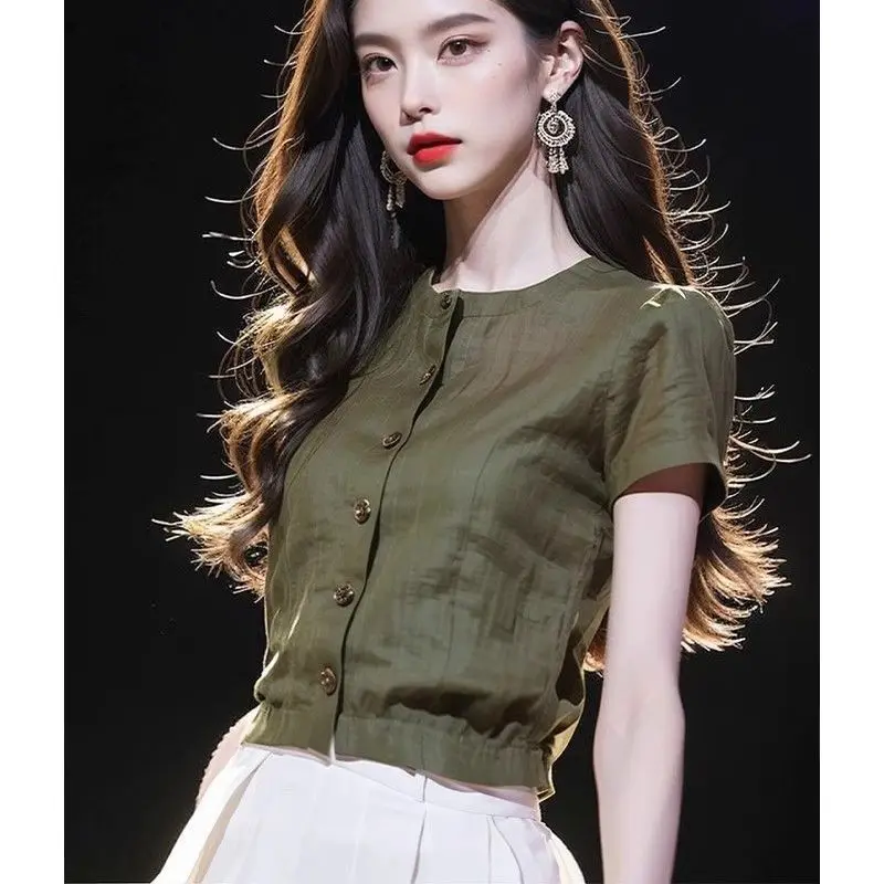 

Elegant French Style Lightweight Short Sleeve Blouse Women Round Neck Button Top