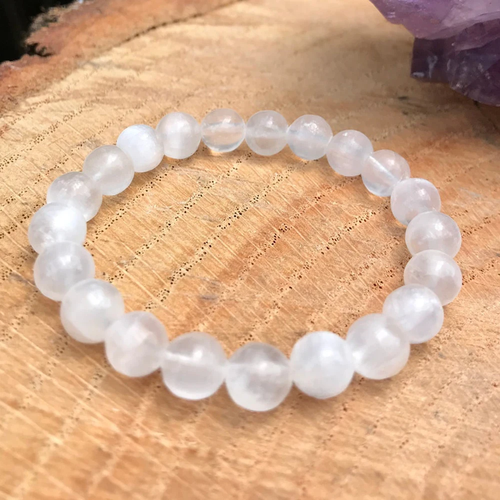 Ruberthen Natural 8 MM Tanzania AAA Selenite Bracelet White Light Clarity Selenite Beaded Wrist Mala Spirituality Chakra Healing