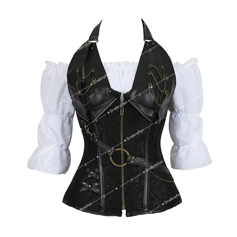 Leather Corset with Blouse 2 Piece Gothic Corsets Bustier Shirt Set Pirate Corsage Outfits Halloween Carnival Party Costumes