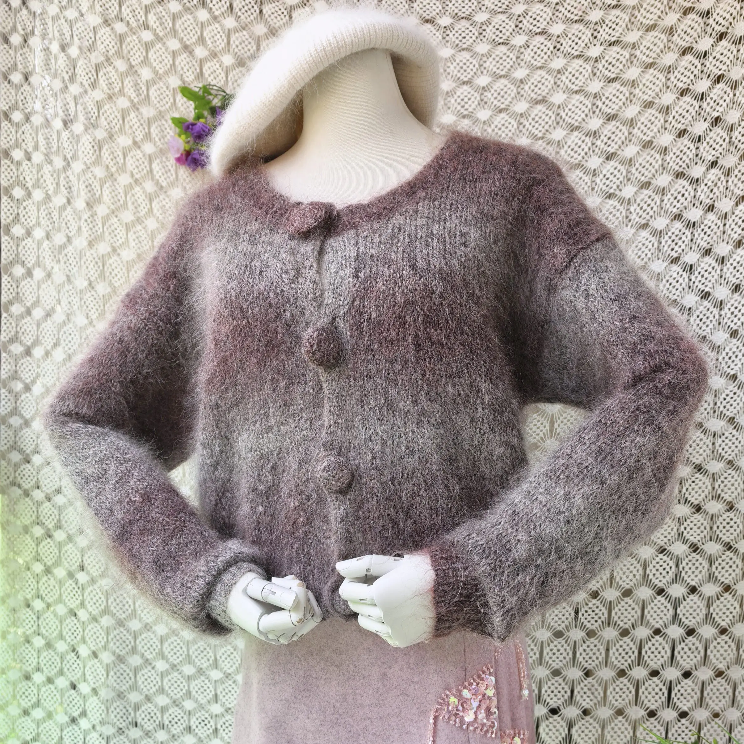 2026 New Women Vintage Hairy Mohair Wool Gradient Knit Cardigan Round Neck Fuzzy Loose Sweater Coat For Fall Winter Jacket Pull