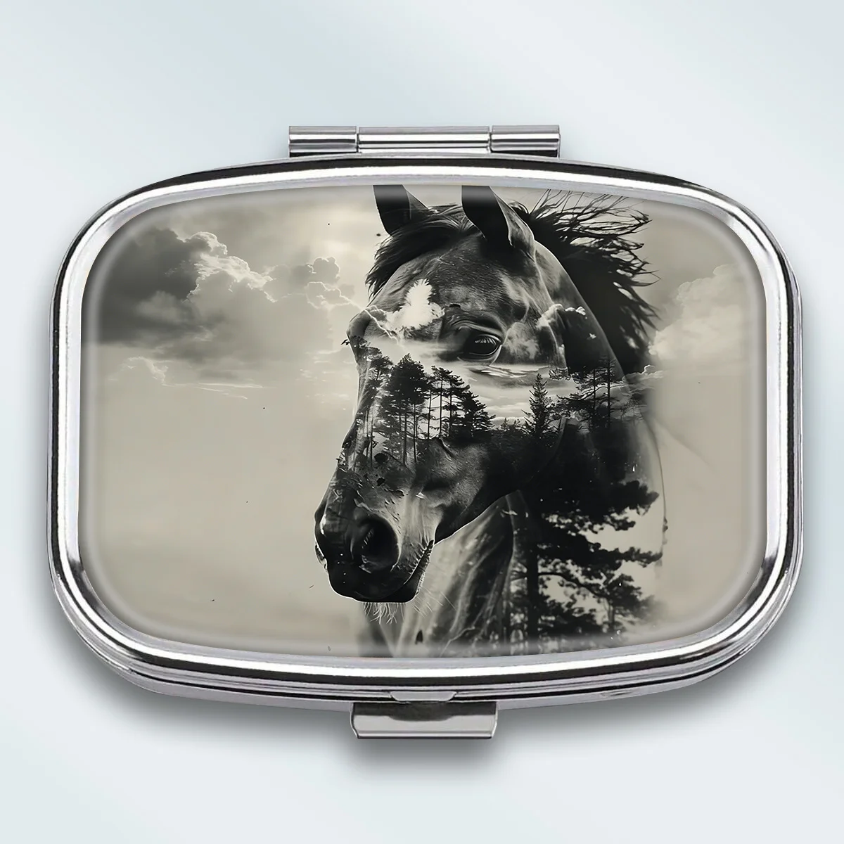 Portable Square Metal Pill Box, Featuring a Double-Layered Design with a Horse and Wilderness Theme, 2 Compartments, Perfect for Elegantly Storing Your Medications or Supplements. It Is Perfect for Sorting Vitamins and Storing Small Items.