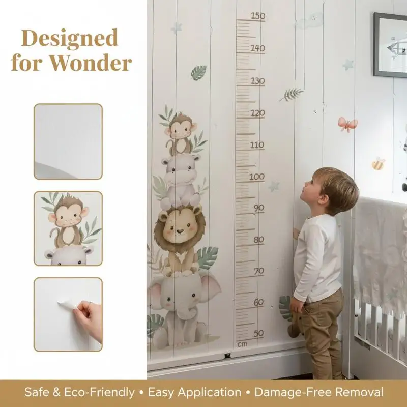 New Children's Growth Chart Sticker Jungle Animals Height Ruler Removable Wall Decals For Nursery Room Baby Kids