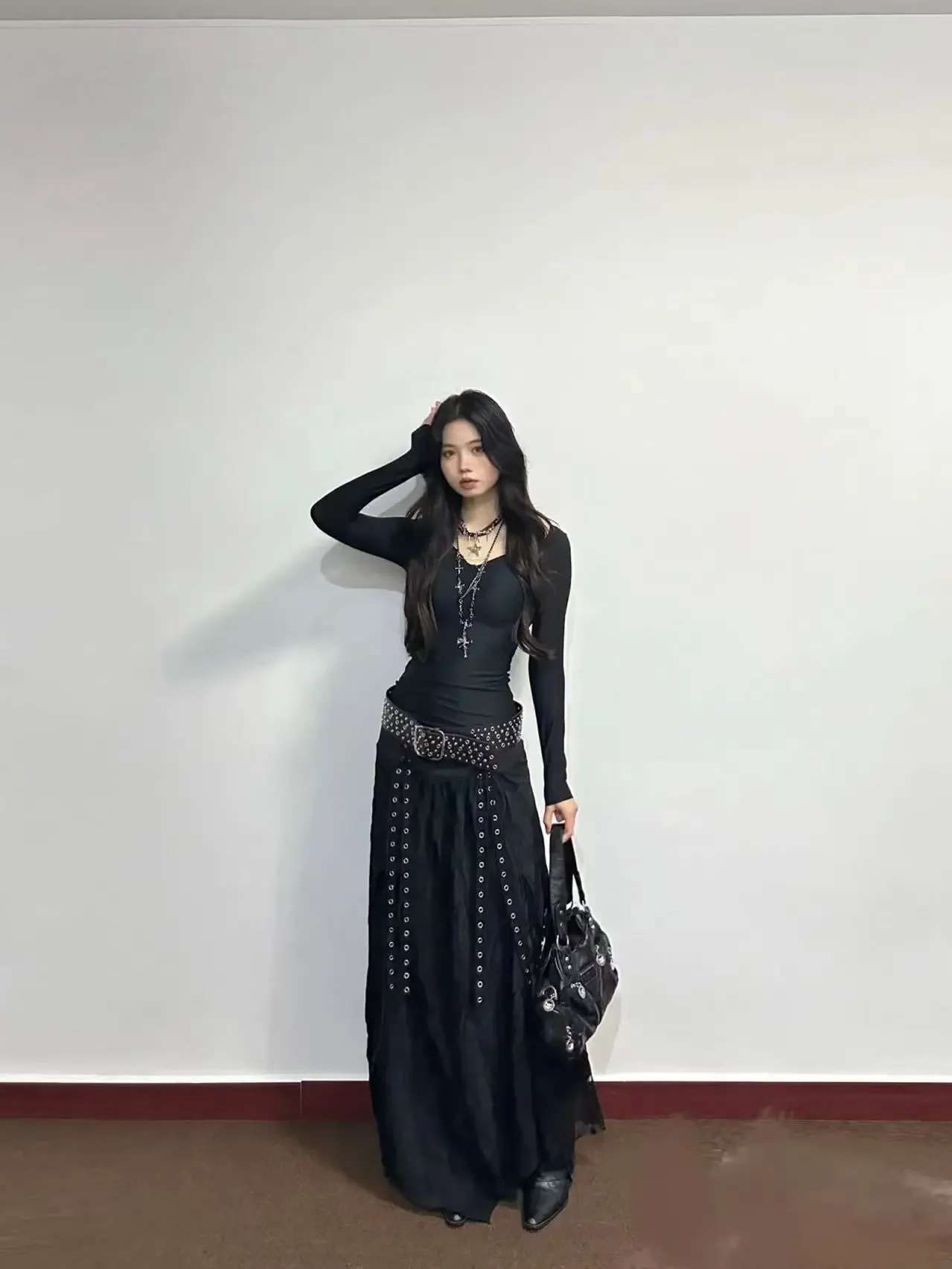 IMU Lace Mesh Patchwork Skirt Retro Temperament Women Solid High Waist Patchwork Strap Gothic Slim A-line Long Skirt