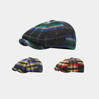 Autumn Winter Classic Plaid Woolen Octagonal Hat Women British Style Retro Painter Cap Men Casual Small Brimmed Duck Tongue Hat