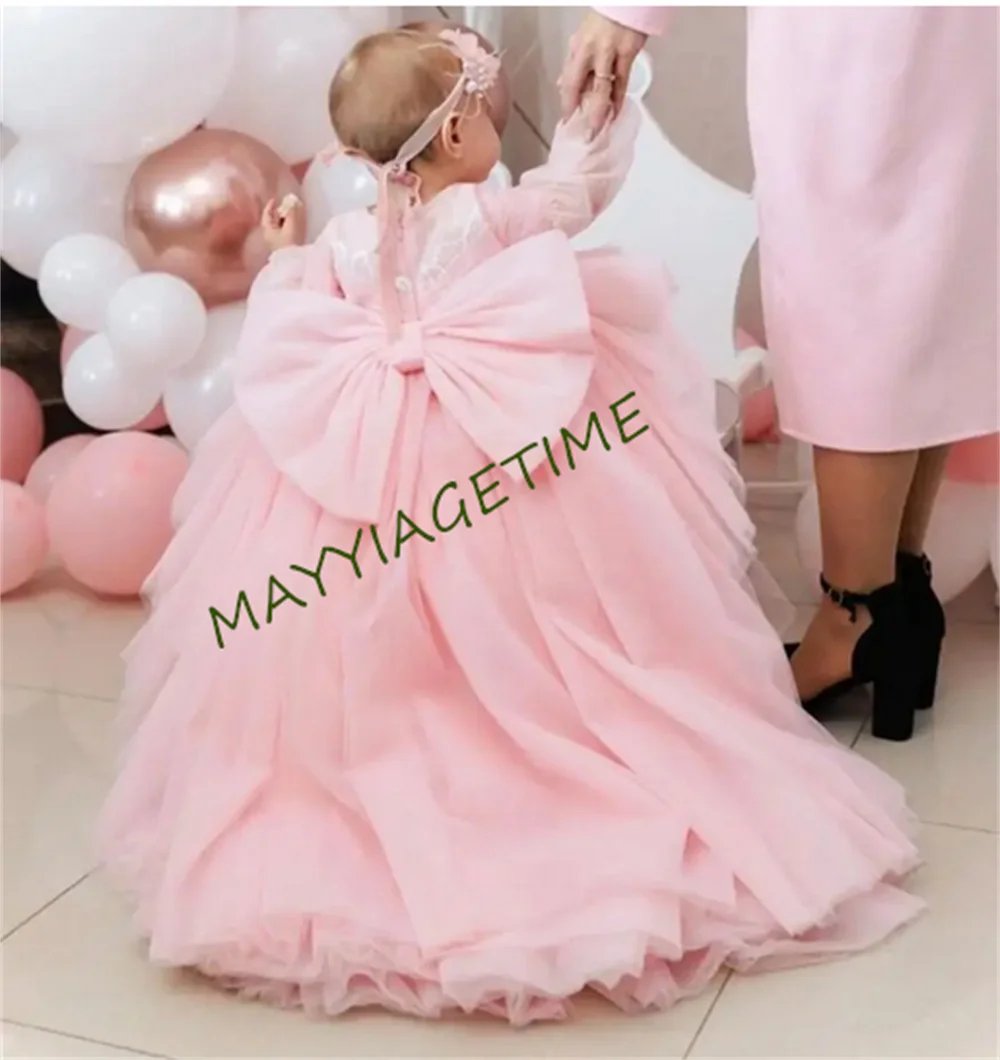 Unique Pink Baby Girl Birthday Dress Full Sleeve O Neck High-Low Winter Baby Dress Pageant Party Girl Gowns 1-14T