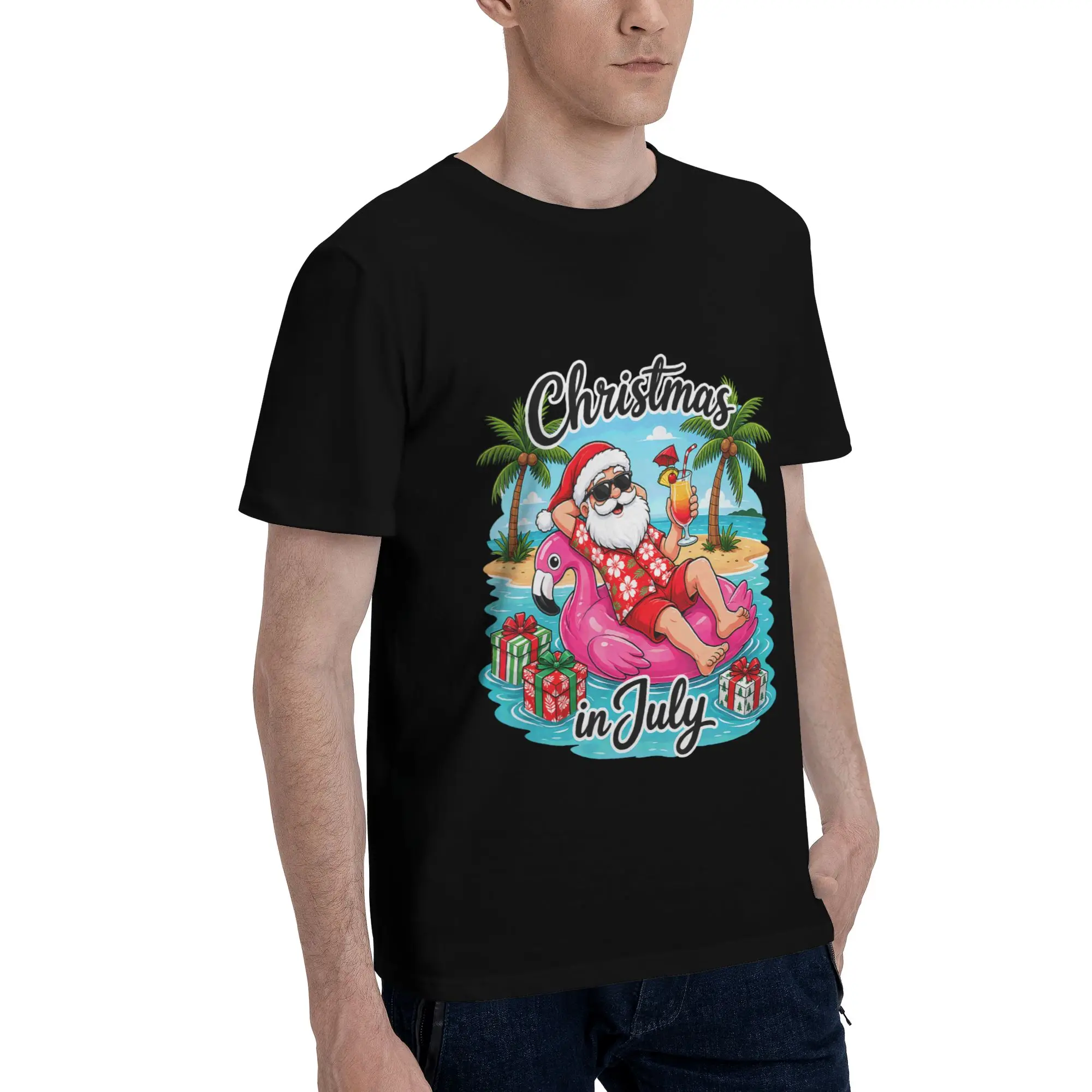Christmas in July Flamingo Float Santa Hawaiian Vacation Men T-Shirt Clothes  Crazy Tees Short Sleeve fugees 100% Cotton