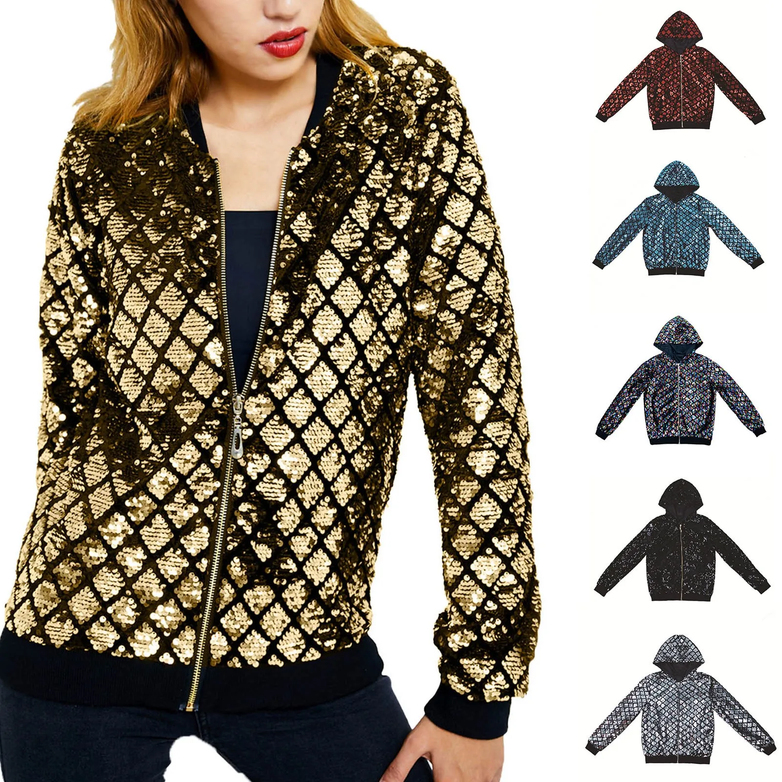 

Women Sequins Sequin Hoodie Jacket Casual Long Sleeve Glitter Party Shiny Coat Rave Outerwear Synthetic down Womens Jacket