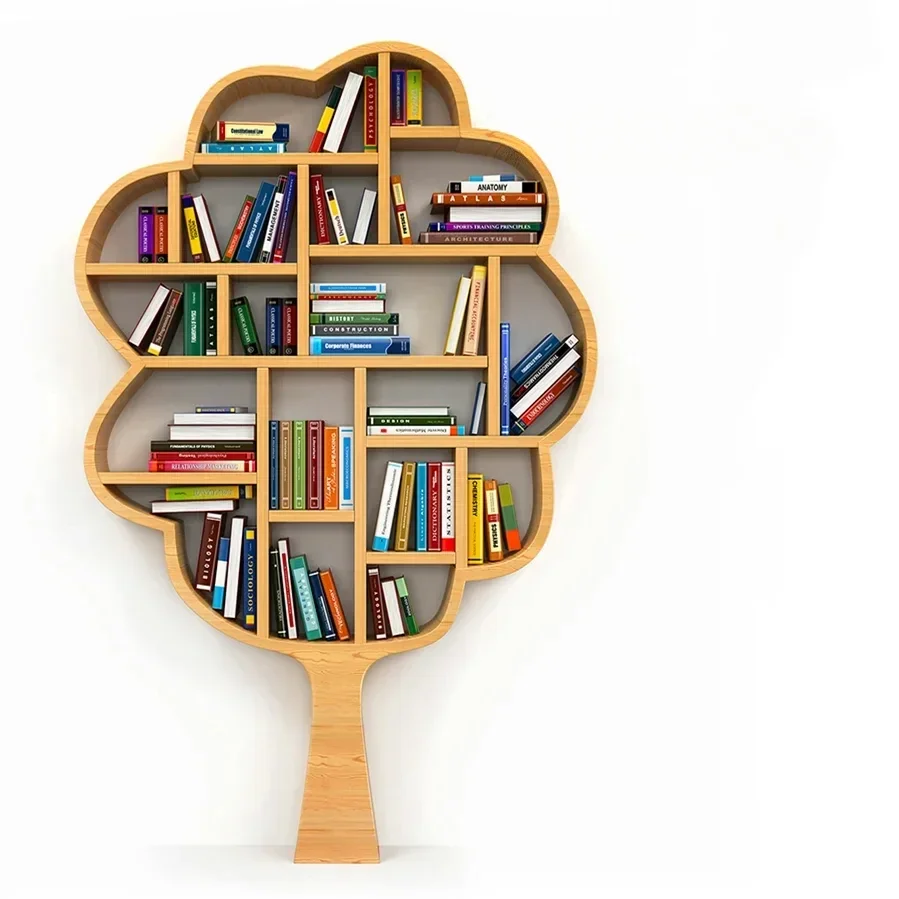 Tree-shaped bookshelf Library solid wood storage rack Window soft decoration props Creative tree-shaped bookcase