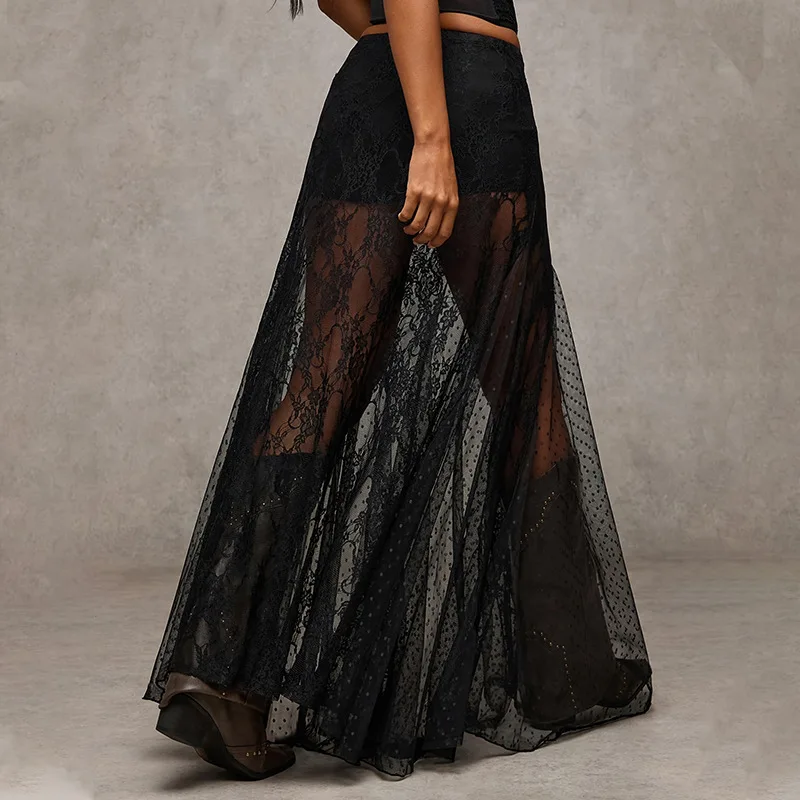Summer New Arrival Women's Lace Mesh Sheer High Waist Maxi Skirt Loose Slimming Comfort Casual Versatile Commute Sexy Long Skirt