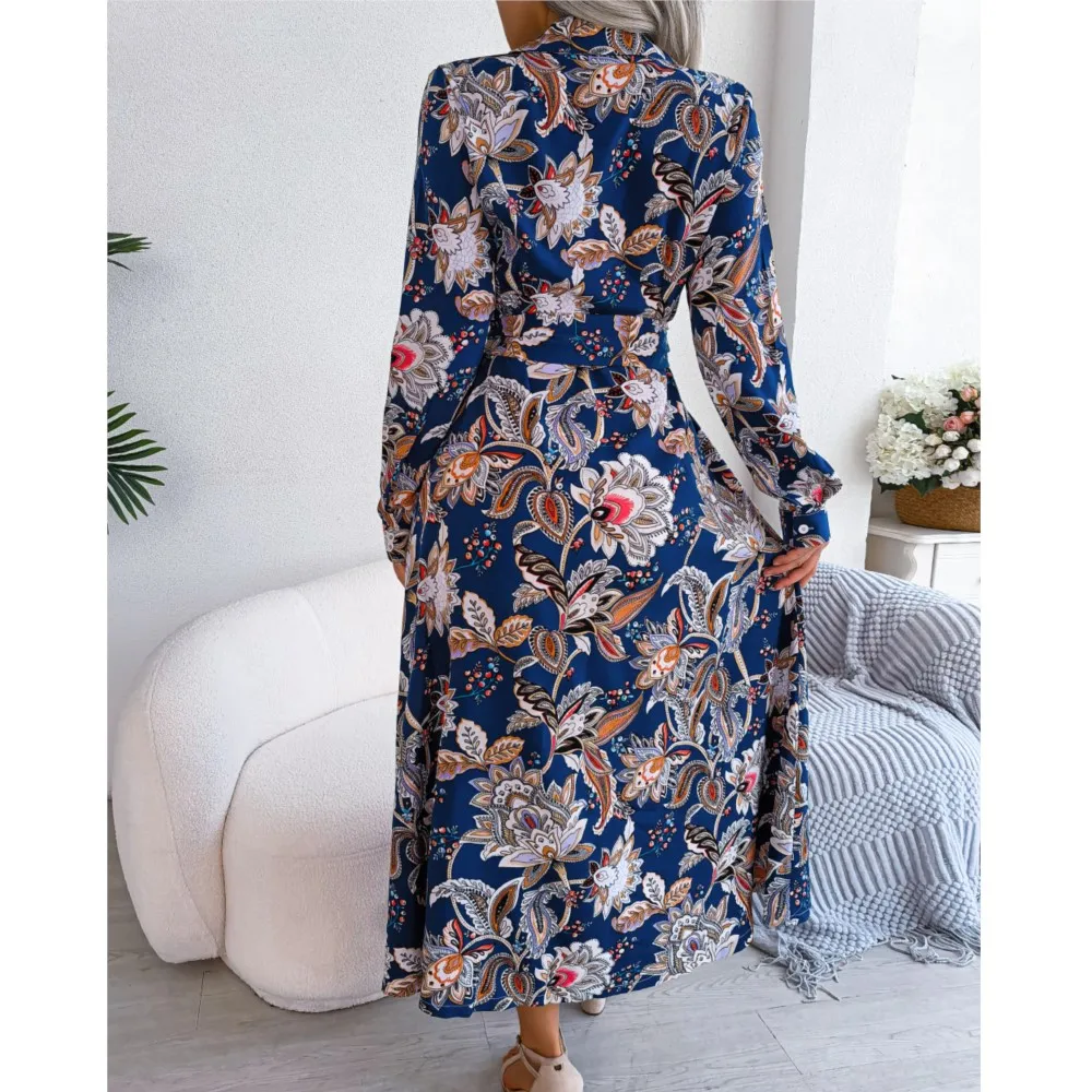 Vestido bohemio primavera y otoño nuevo elegante Retro estampado de flores botón manga larga con cordones solapa maxi vestido camisero bata de mujer