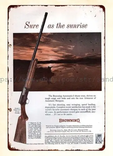 hanging wall art 1964 Browning Automatic Shotgun hunting firearm metal tin sign