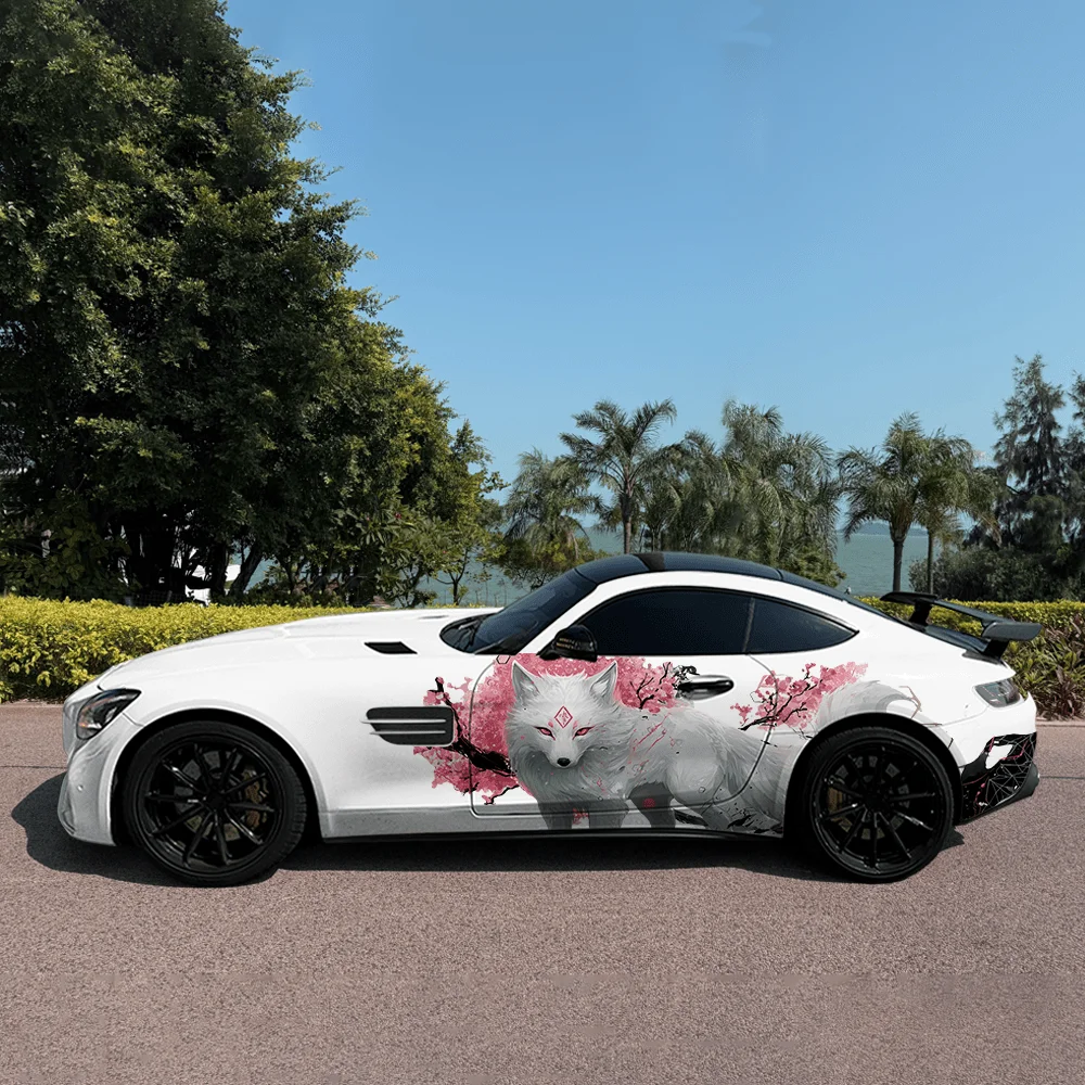 

Белая лиса, розовые цветы, боковая наклейка для автомобиля, водонепроницаемая наклейка из ПВХ, устойчивая к царапинам, защита автомобиля, автоаксессуары в подарок