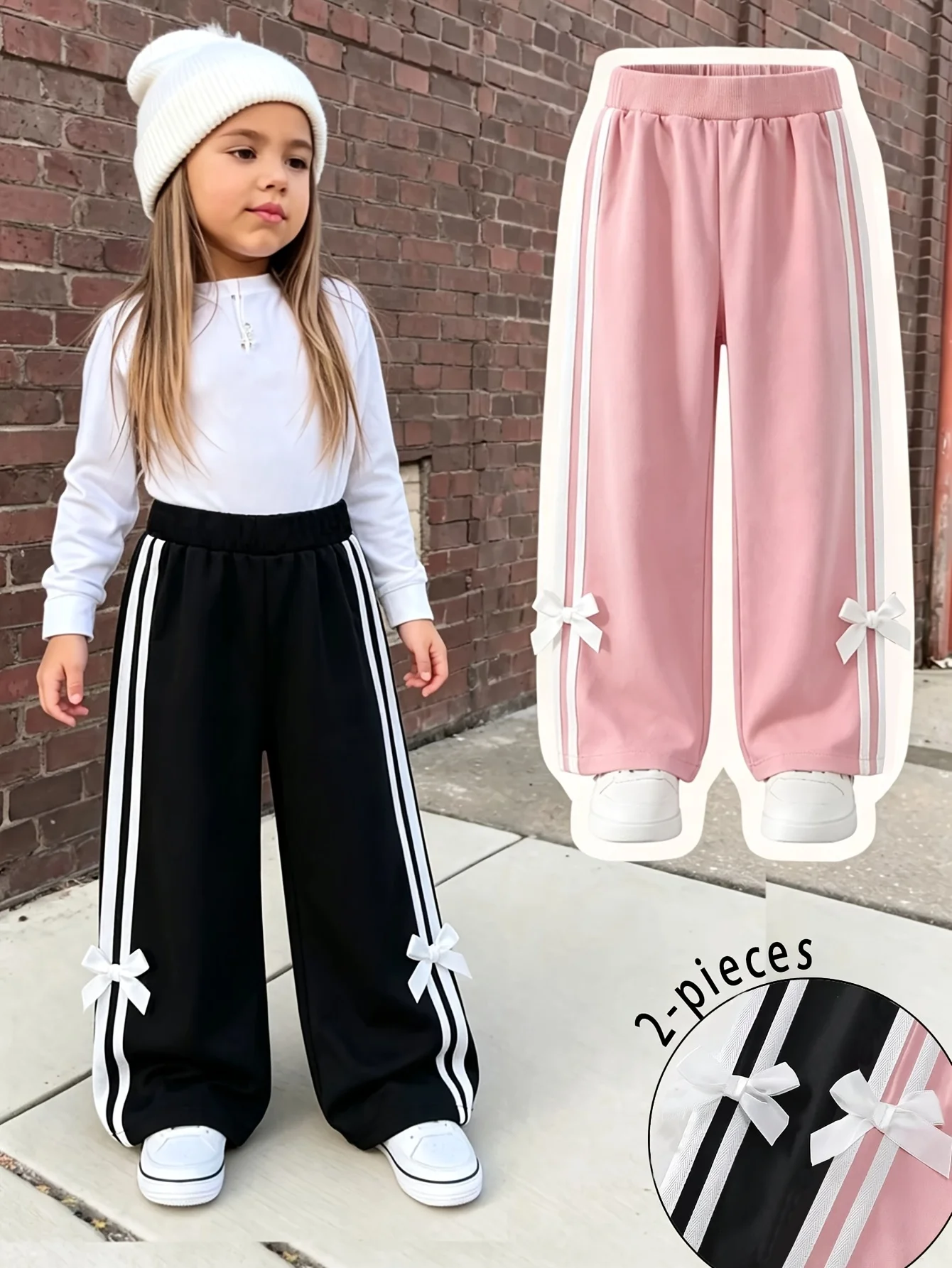 Mädchen-Hosen mit seitlichen Streifen und Schleifendetails (2er-Pack): Rosa & Schwarz, lässige Frühlings-/Sommerhose mit hoher Taille und geradem Bein, mit Schleifen – Größe S – Detail 1