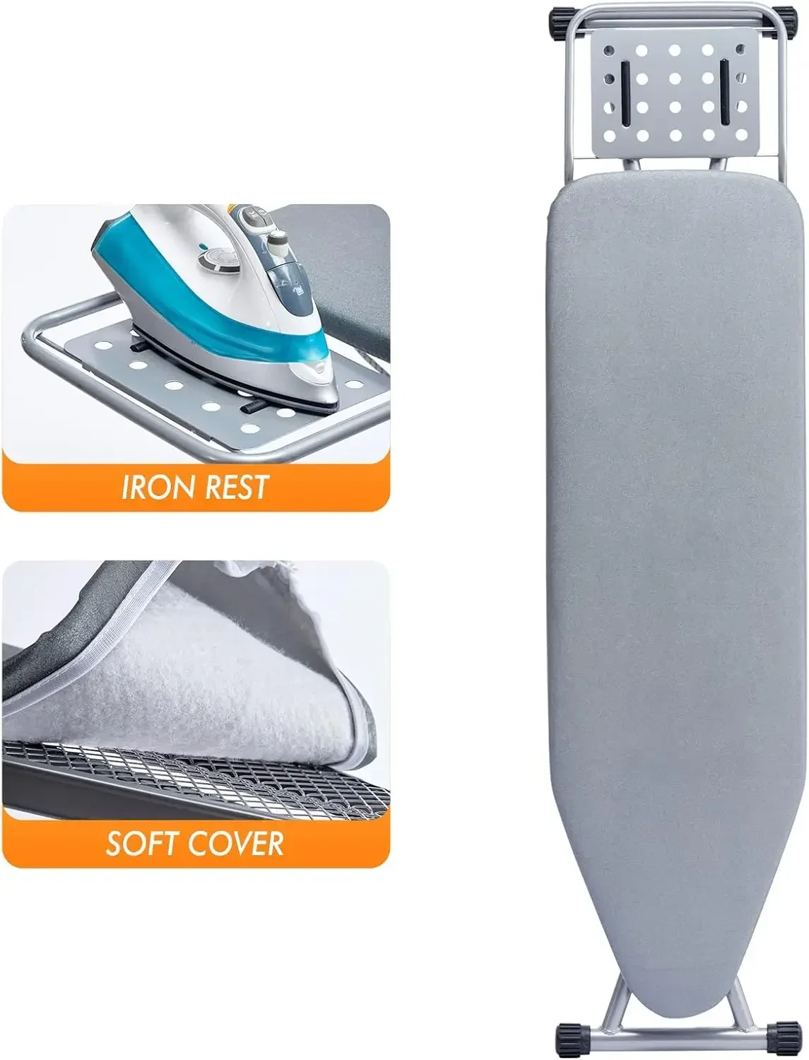 Foldable Ironing Board with Heat Resistant Cover, Steam Iron Rest and Non-Slip Legs - Sturdy Metal Frame(Silver Gray)