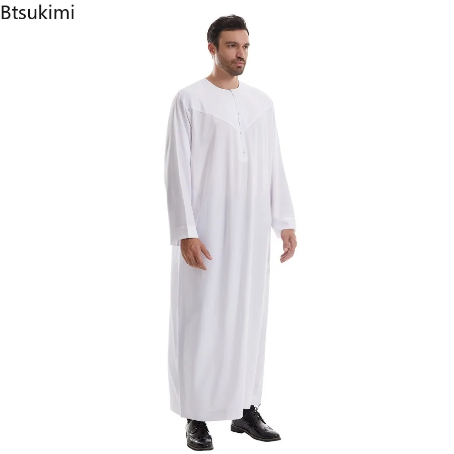 Muslim Fashion Abaya Men Jubba Thobe Long Sleeve Round Neck Prayer Kaftan Dress Robe Eid Ramadan Caftan Morocco Islamic Clothing