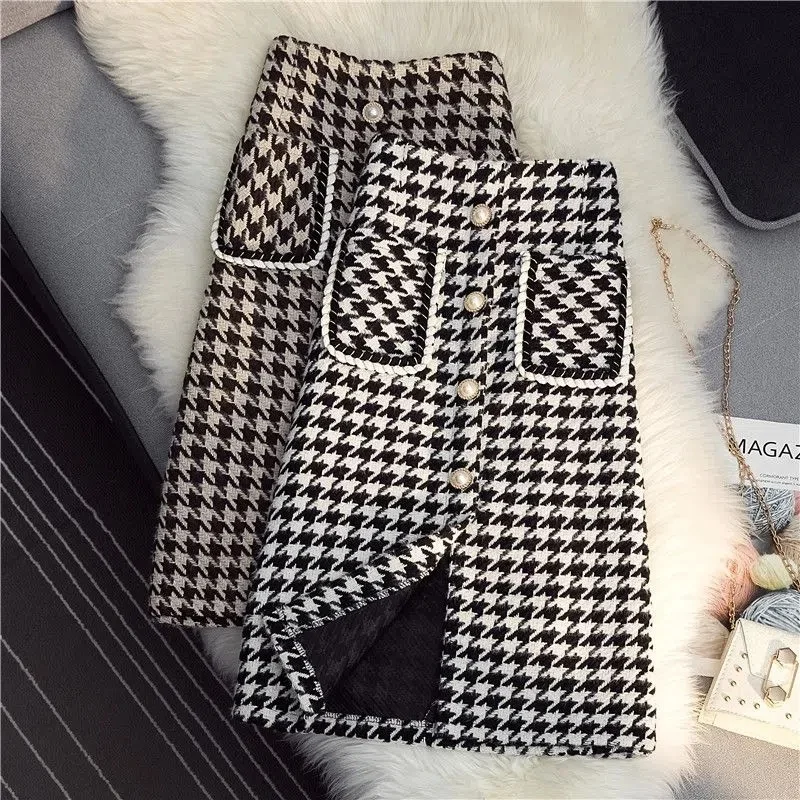 

Autumn Women's Winter Mid-Length High Waist Pocket A-Line Woolen Houndstooth Skirt