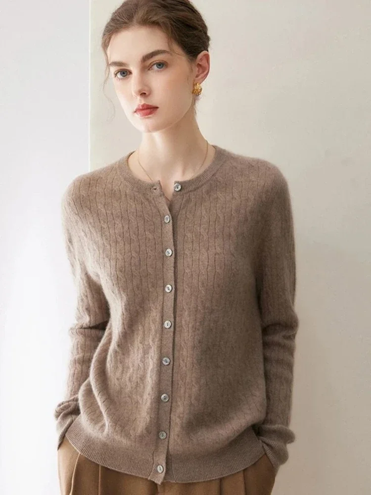 Round Neck Cable‑Knit Women Cardigan 2026 Autumn Winter New Loose Knit Sweater Women Coat Casual Outerwear Tops