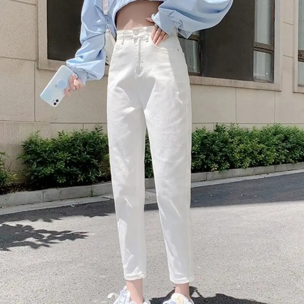 

High-End White High-Waisted Women's Jeans Loose Stretchy Carrot Pants Versatile Slimming Harem Pants for Summer Thin