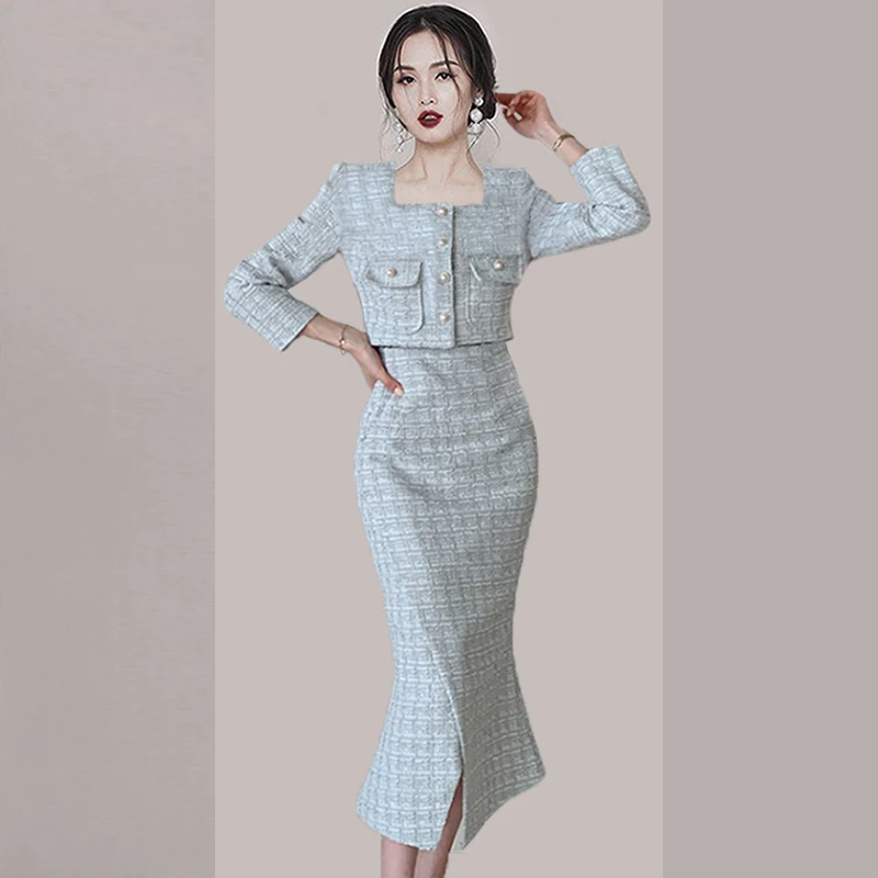 Women Blue White Plaid Tweed Two Piece Set New Fall Winter Square Collar Pearl Button Short Coat + Split Long Mermaid Skirt Suit