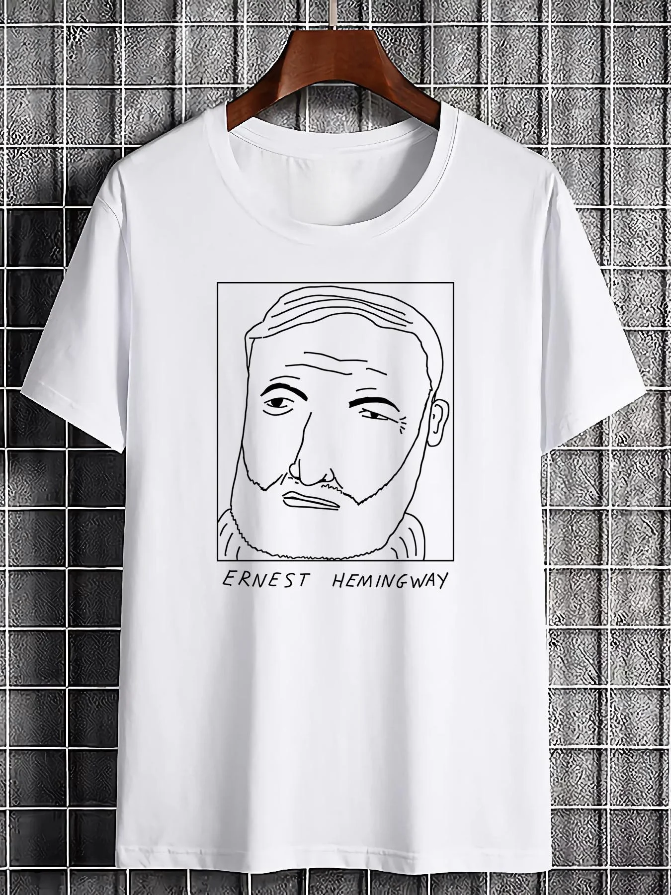 Bad Illustration Hemingway Pattern T-shirt - Line Art Portrait Pattern Simple Shirt Casual Daily Clothing - Literary Clothing