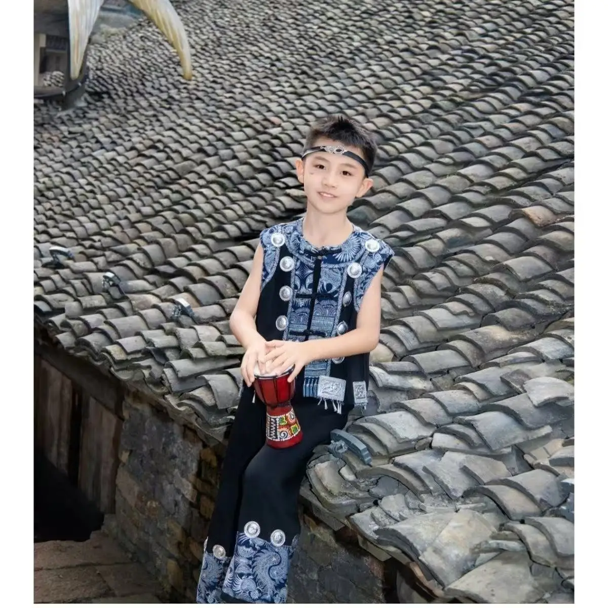 Boys Hmong Costume Traditional Ethnic Minority Miao Clothing Spring Summer Beach Party Stage Performance Suits Hanfu Kids