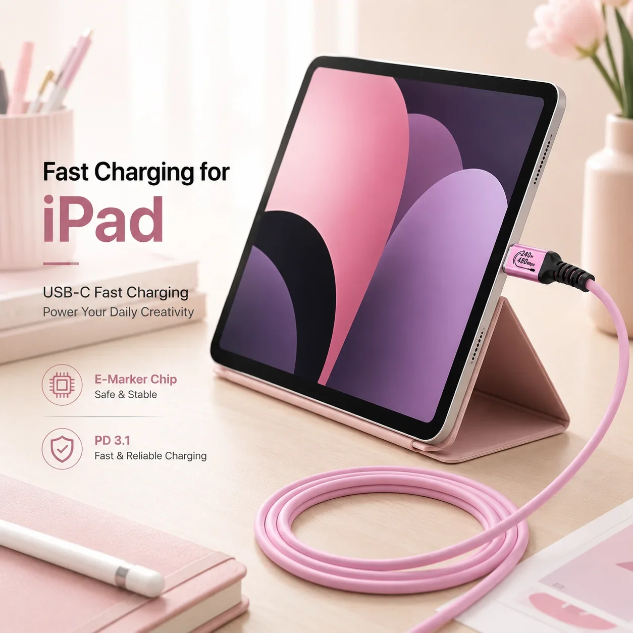 USB-C to USB-C Cable 240W PD 3.1 Fast Charging, Pink TPE Cord for MacBook, iPhone 15/16/17, iPad Pro, Galaxy S24