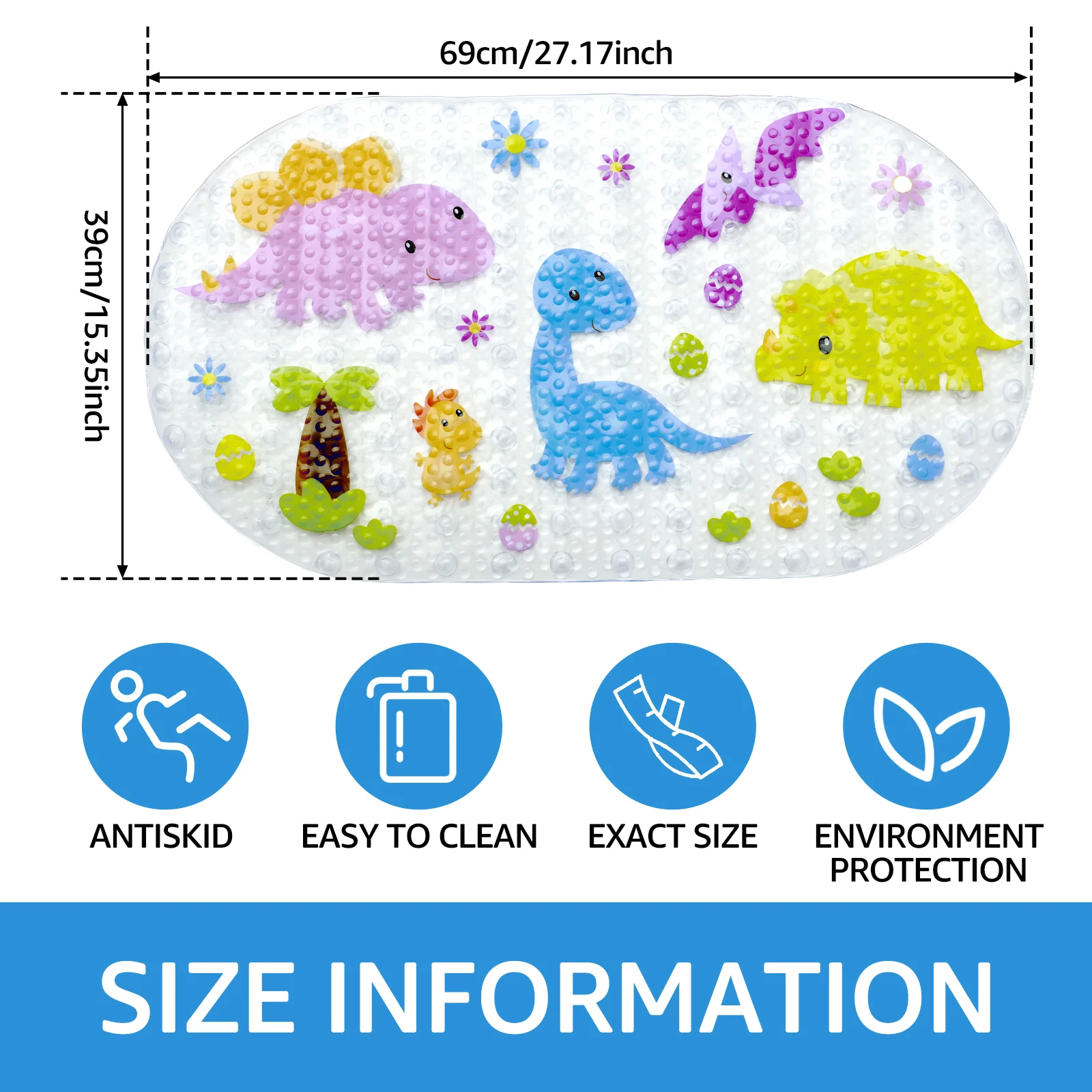 PVC Baby Bath Mat with Suction Cup Anti Slip Kids Bathtub Mat Oval Reusable Baby Bathtub Mat Bathroom Shower Mat for Bathroom