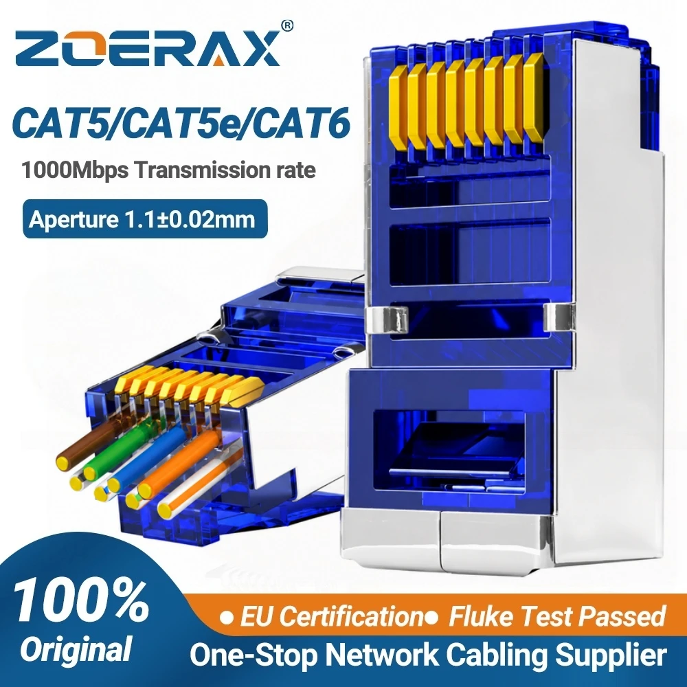 ZoeRax RJ45 Cat6 Pass Through Connectors, Assorted Colors, EZ to Crimp STP Modular Plug for Solid or Stranded STP Network Cable