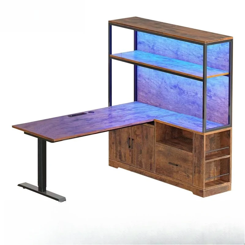 Lifting table legs, single motor with side cabinet, multi-layer bookshelf with light