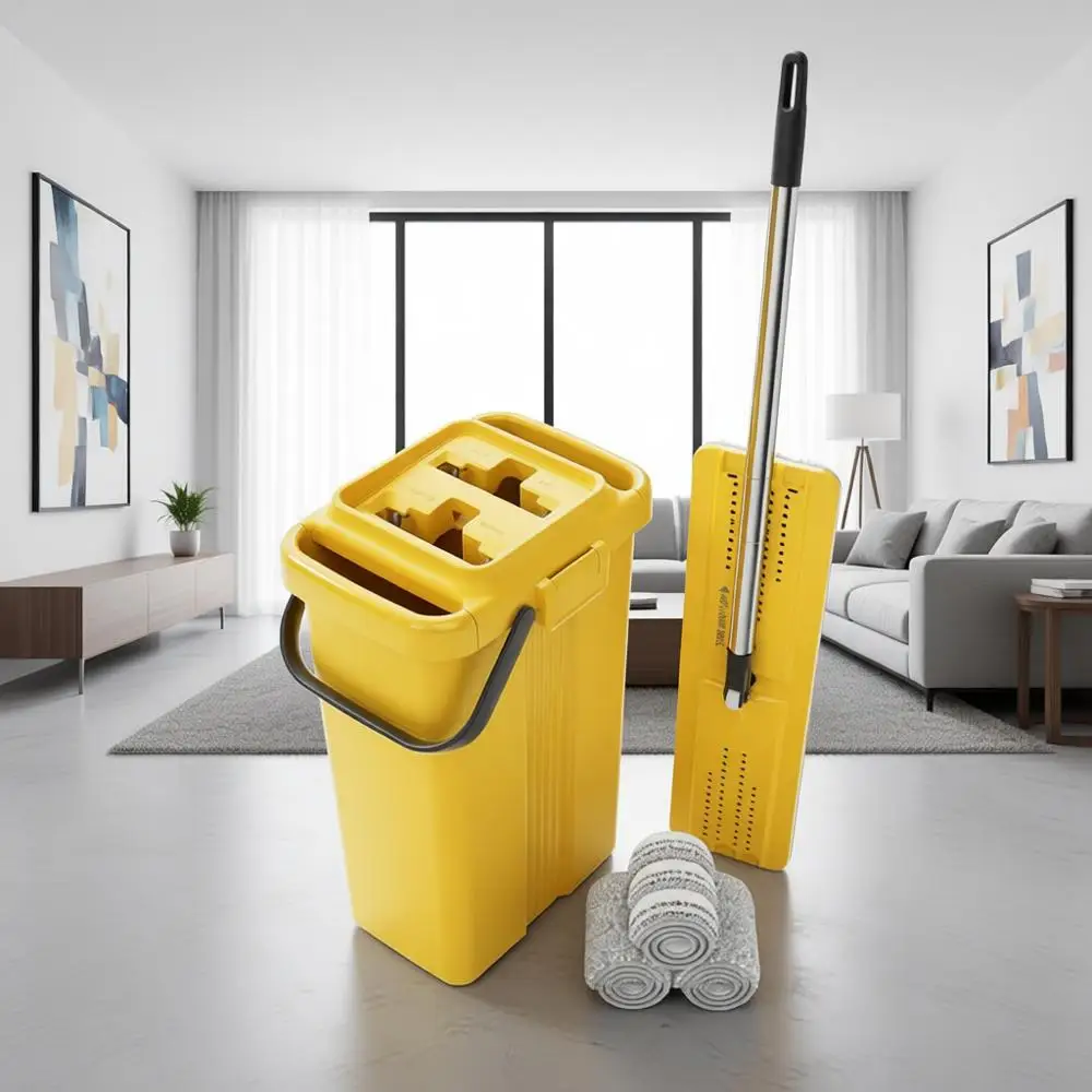 

Industrial Mop and Bucket Set, 17.7-inch Dust Mops or Floor Cleaning, Flat Mop Bucket with Wringer, Include 3 Reusable Microfibe