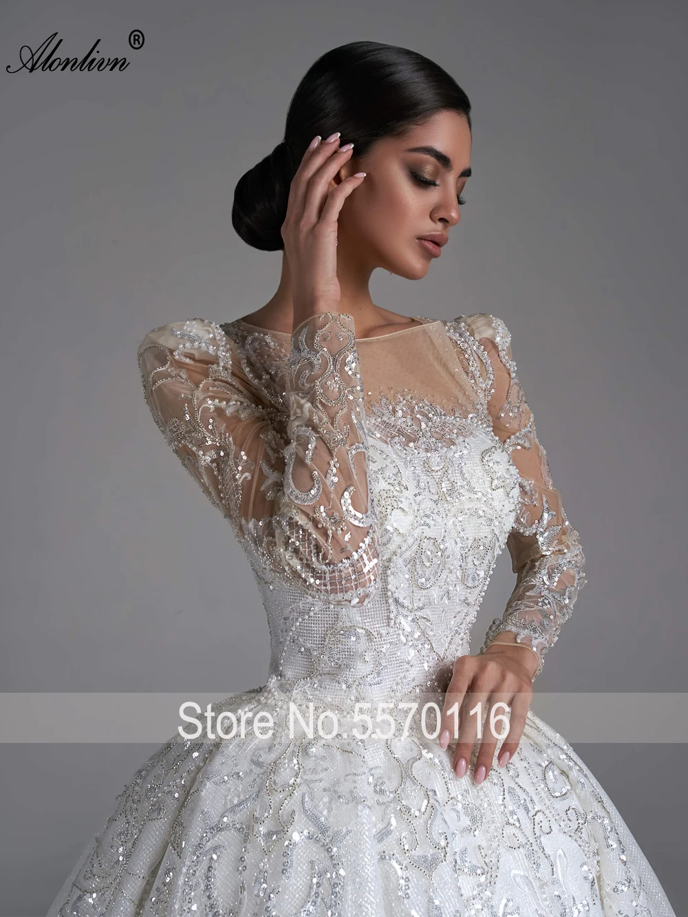 Alonlivn Luxury Ball Gown Wedding Dress Full Sleeves All Beading Pearls Appliques Lace Bridal Skirts With Button