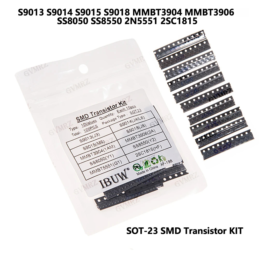 10kinds X10pcs=100pcs SS8050 SS8550 SOT-23 SMD Transistor KIT S9013 S9014 S9015 S9018 MMBT3904 MMBT3906  2N5551