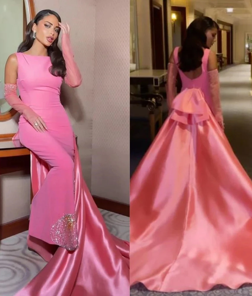 

Customized Elegant Bright Pink Sleeveless Evening Gown with Bow Back and Sequin Train Formal Dress,Bespoke Occasion Gowns