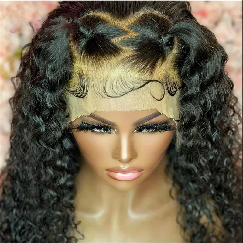 Peluca negra del frente del cordón profundo rizado largo sin cola de 26 pulgadas de densidad 180 para las mujeres con el pelo del bebé prearrancado diario