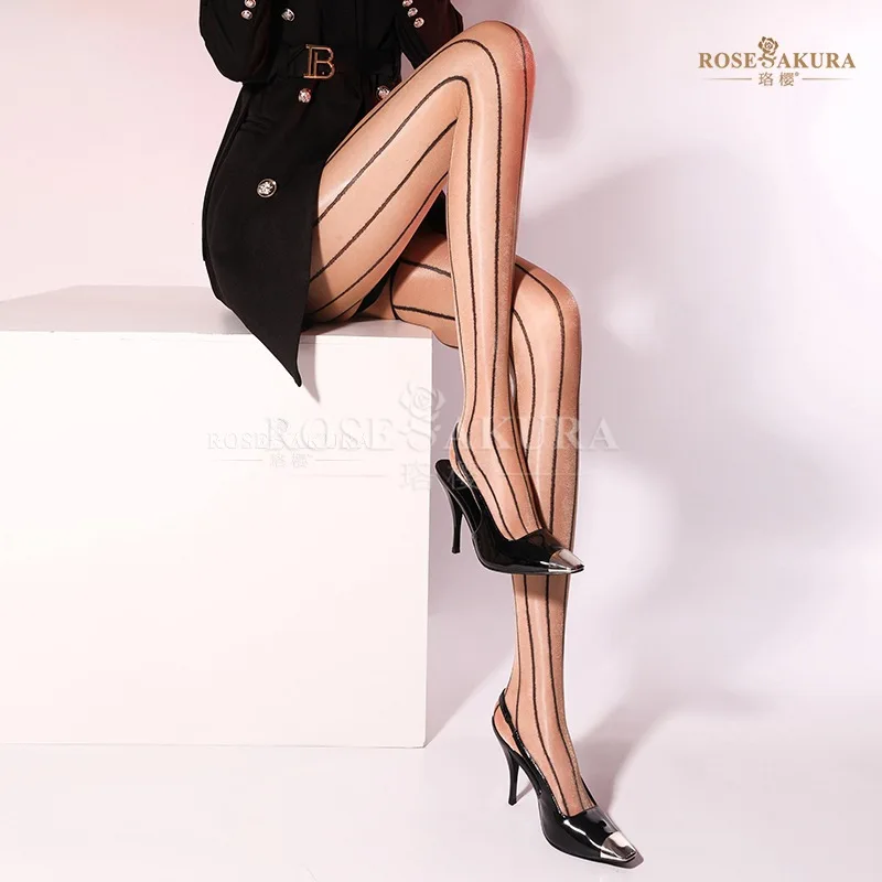 Rosesakura series eight vertical lines 7328 oil flash sleek smooth thin tights slim black silk stockings open fork