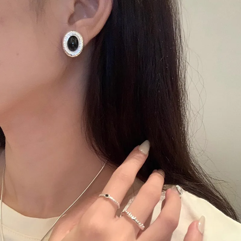 

Ventfille 925 Sterling Silver Black Agate Earring for Women Gift Texture Geometry Versatile Grace Classic Jewelry Dropshipping